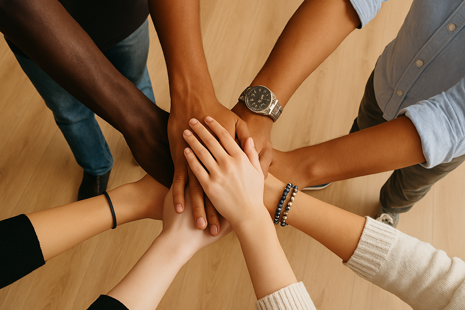 Diverse hands joining together in unity